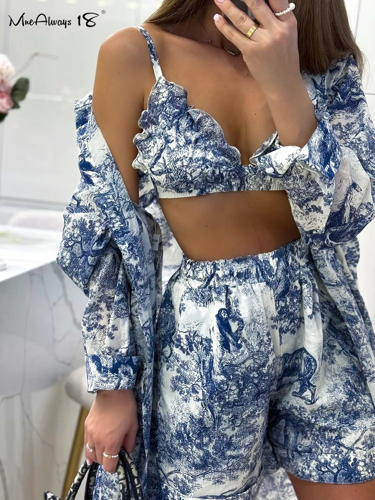 Mnealways18 Fashion Loose Print 3 Piece Sets Womens Outfit 2024 Elegant Long Sleeve Shirt And Bra With Shorts Set Casual Outfits