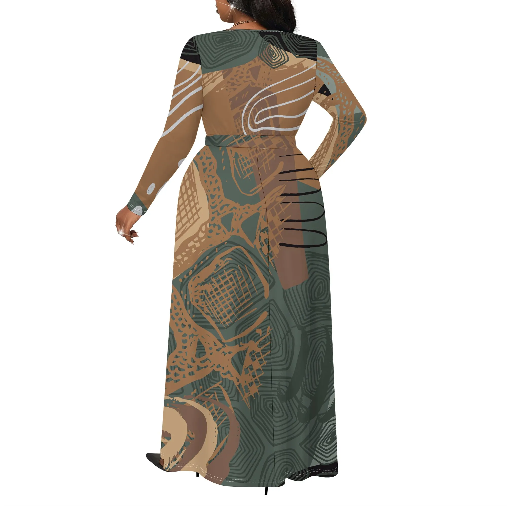 فستان نسائي بحزام بأكمام طويلة مقاس كبير، فستان جيب عصري مطبوع ثلاثي الأبعاد #3