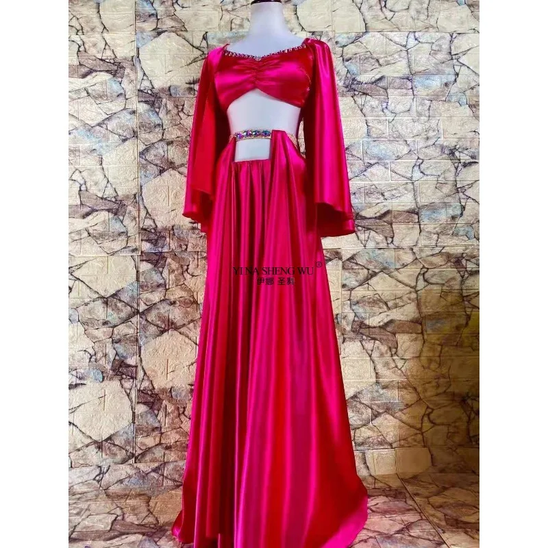 Set di costumi per spettacoli di danza del ventre da donna personalizzati, gonna lunga in raso, completo di danza orientale per adulti e bambini