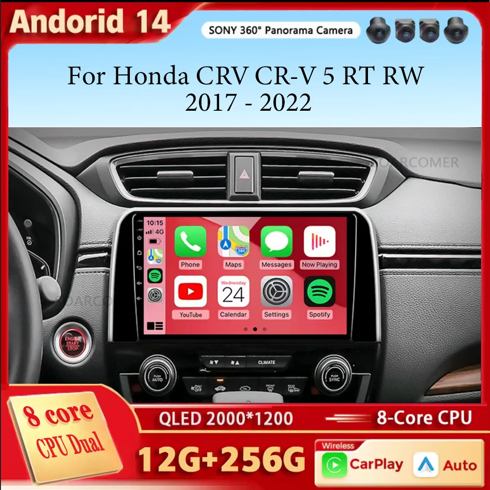 Android 14 Carplay Auto для Honda CRV CR-V 5 RT RW 2017-2022 Автомобильный радиоприемник Мультимедийный видеоплеер Навигация GPS Без 2Din 2 Din
