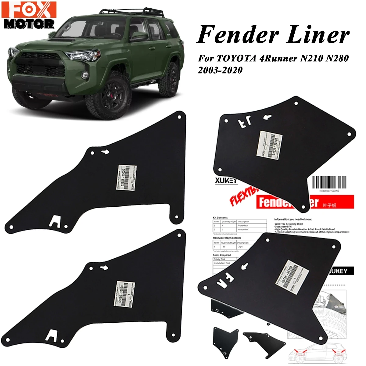 Fender Liner Splash Shield for Toyota 4Runner N210 N280 2003 - 2020 Apron Seal Mud Flaps Guards Mudflaps W / Clips Fender Flares