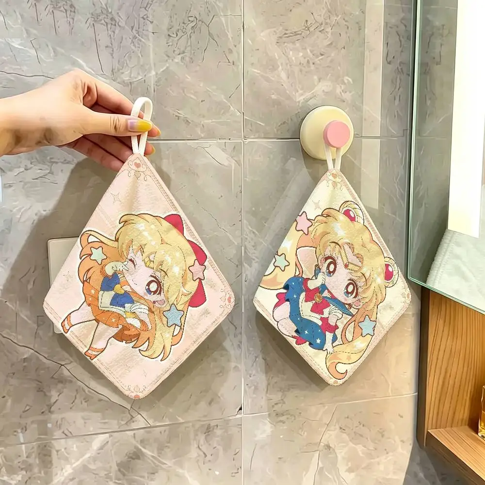 S-Sailores Cute Girl Moon Cartoon Polyester Cotton Hand Wiping Towel with Hanging Loop, Lightweight for Home and Commercial Use