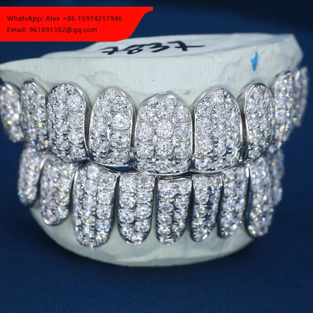 

Custom Top & Bottom 4 6 8 10 S925 Silver JUMBO D VVS Moissanite Diamond Honeycomb Rimless Setting Perm Cut Grillz For Teeth