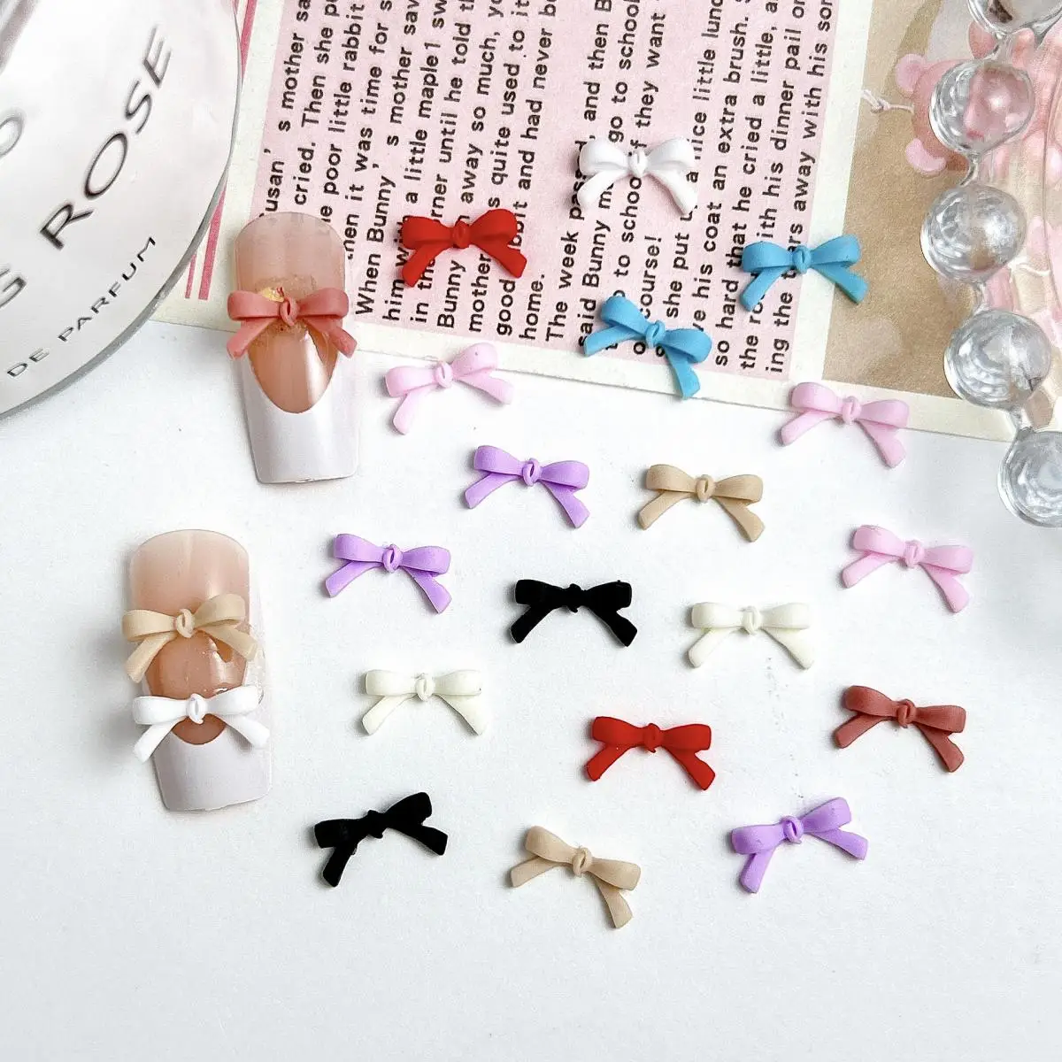 50Pcs Mini Adorable Line Ties Nail Art Decorations 3D Solid Color Bows Resin Nail Charms Accessories for DIY Hairpin Nail Crsfts