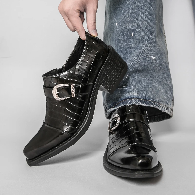 Korean Version Height Increasing Leather Shoes Classic Black Men's Pointed Side Zipper Comfortable Banquet Block Leather Shoes