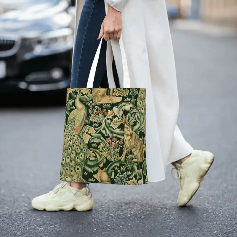 Peacocks And Fox By William Morris Shopping Tote Bag Forest Animals Textile Pattern Groceries Canvas Shopper Shoulder Bag