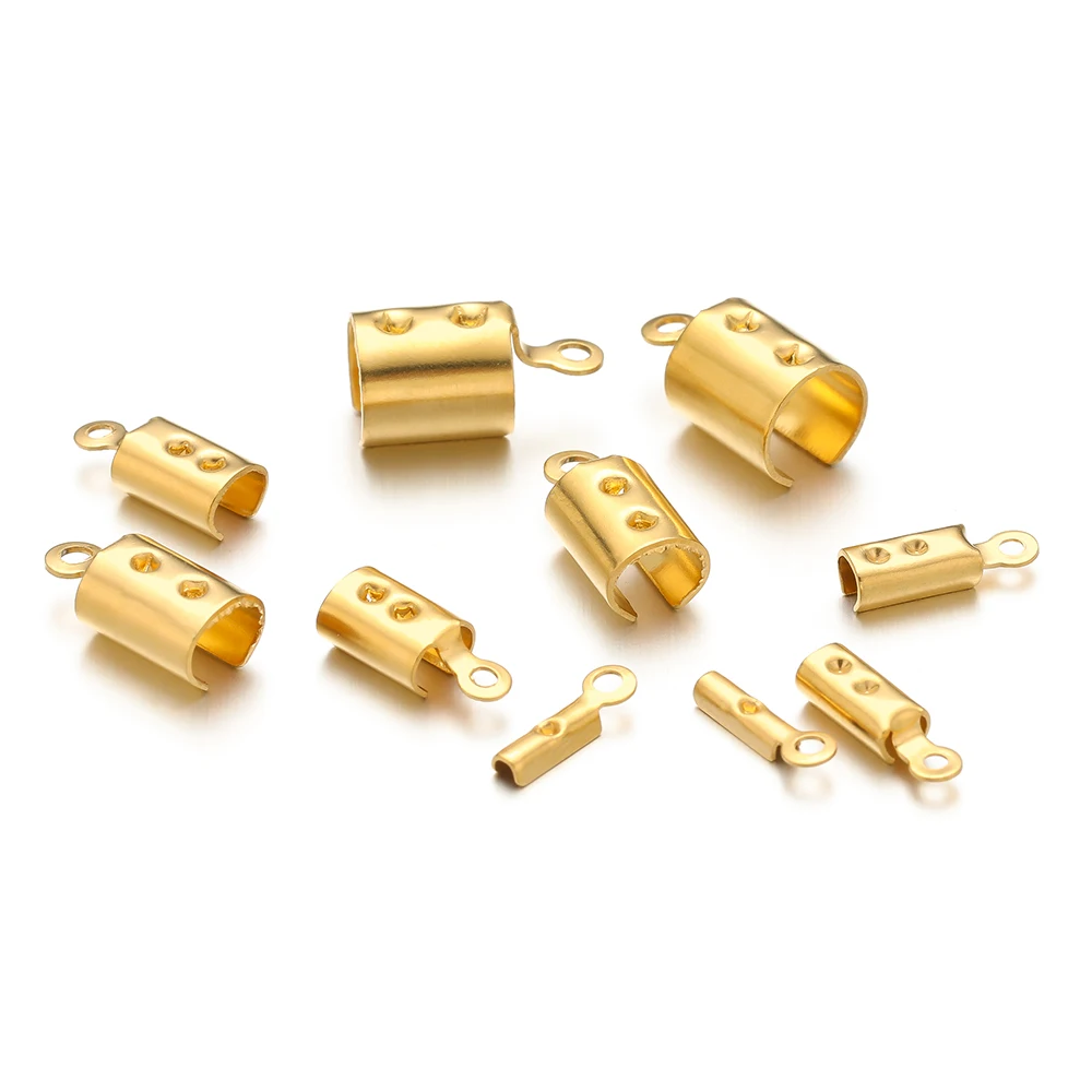 50pcs Stainless Steel Gold Plated Crimp End Bead Caps for DIY Jewelry Making Bracelets Necklaces Accessories Findings Wholesale