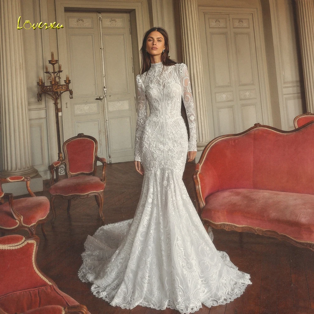 

Свадебное платье Loverxu «Русалка» с высоким воротом и длинными рукавами, кружевное, с вышивкой, фасон «Труба», на заказ