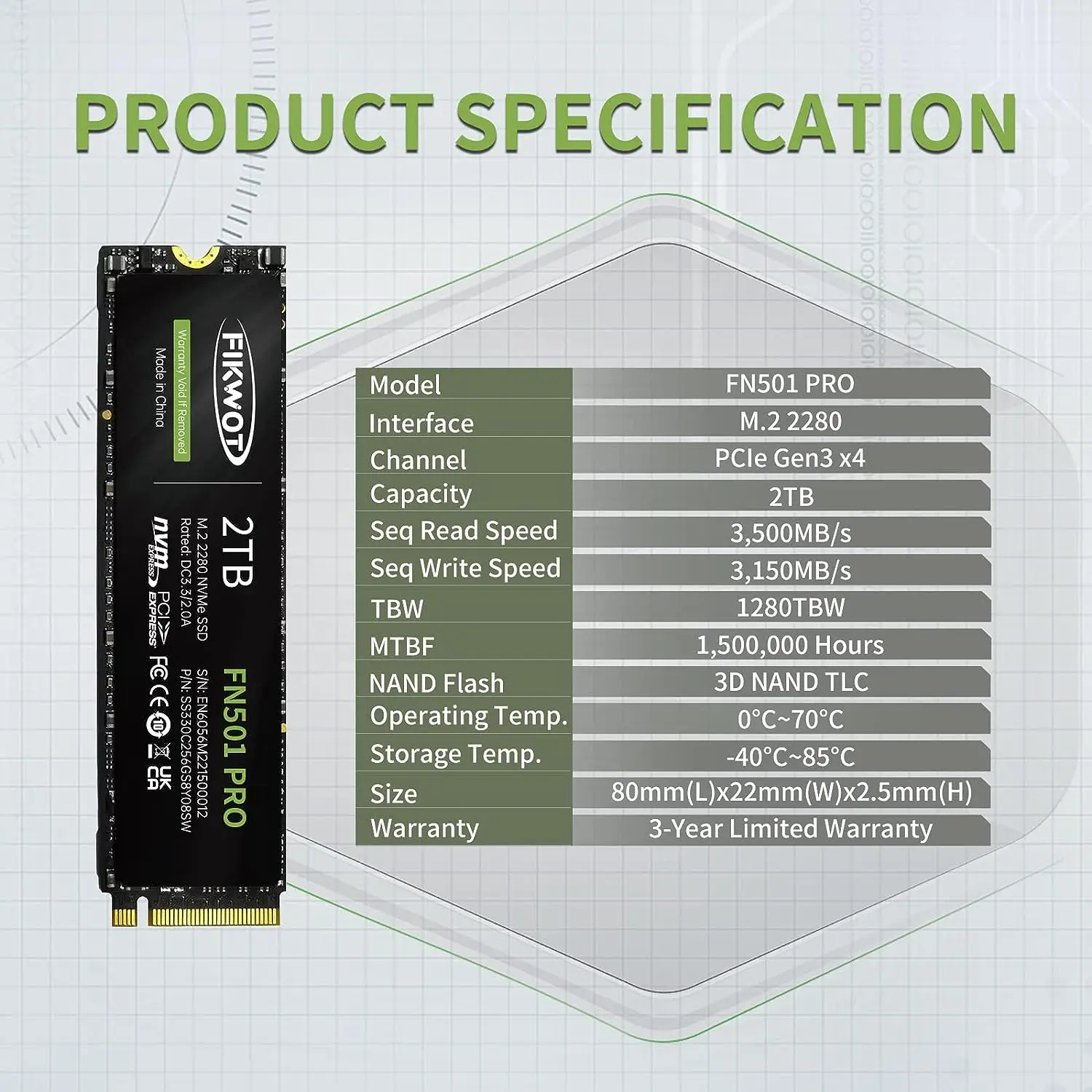 Imagem -03 - Fikwot Fn501 Pro M.2 Nvme Ssd 3500 mb s Pcie 3.0x4 256gb 512gb 1tb 2tb 3d Nand Unidade de Estado Sólido Interna para Laptop pc Desktop