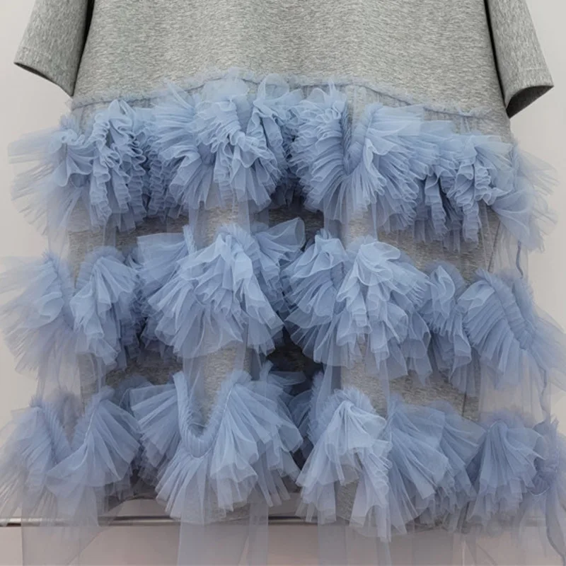 HKSH Summer New Women Chic Dress Mesh Spliced Contrast Color 0-neck Short Sleeve T-shirt Sweet High Street Casual Dresses HK9420