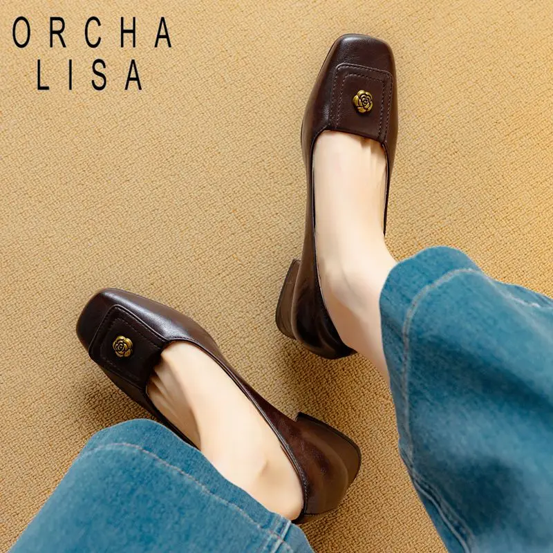 

ORCHA LISA Модные женские туфли-лоферы с квадратным носком, металлическим цветком, мягкие, ручной работы, размеры 32-33