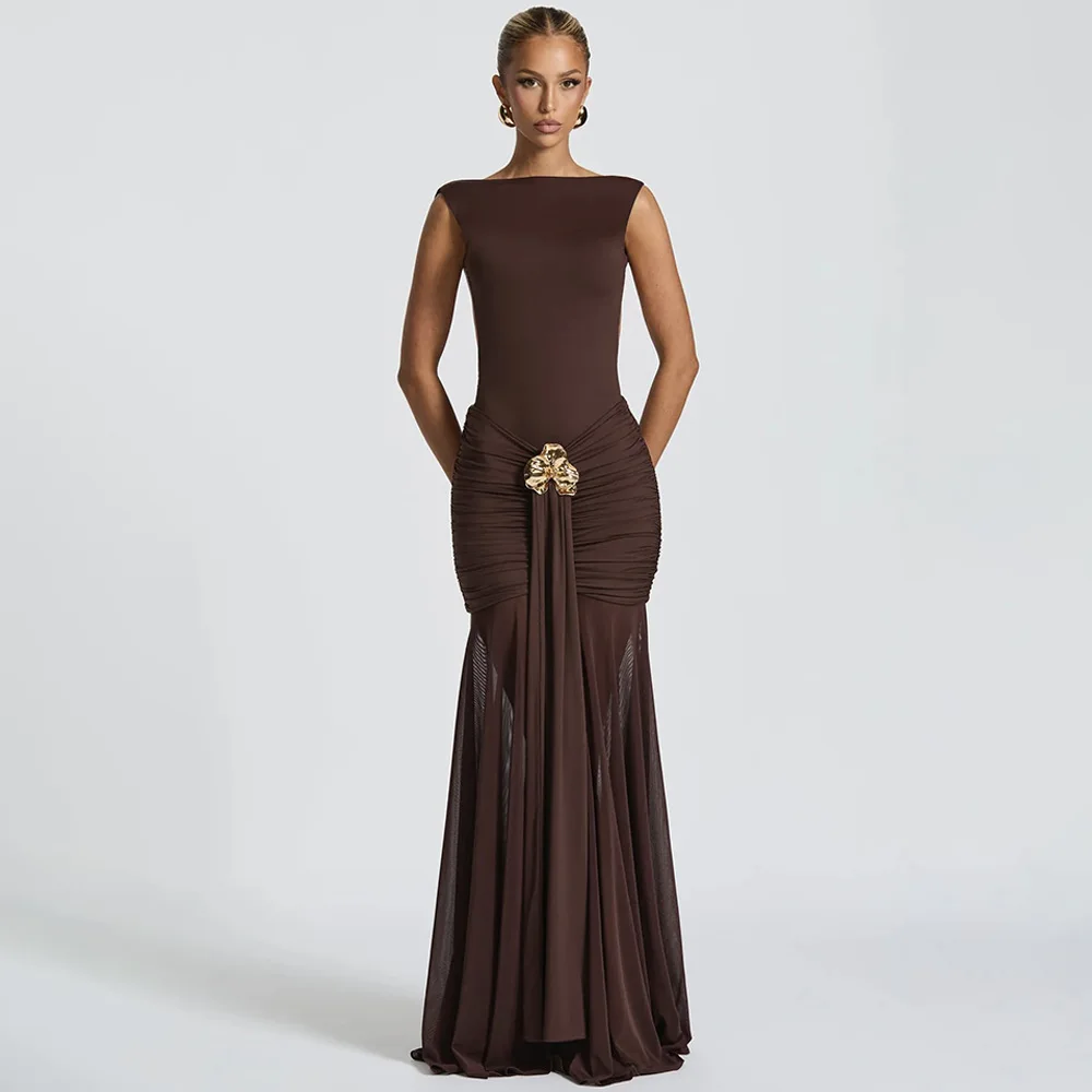 

EINY Elegant Buttons Backless Ruched Sexy Club Maxi Dress Women Gown Fashion Sleeveless Formal Bodycon Evening Party Dresses y2k