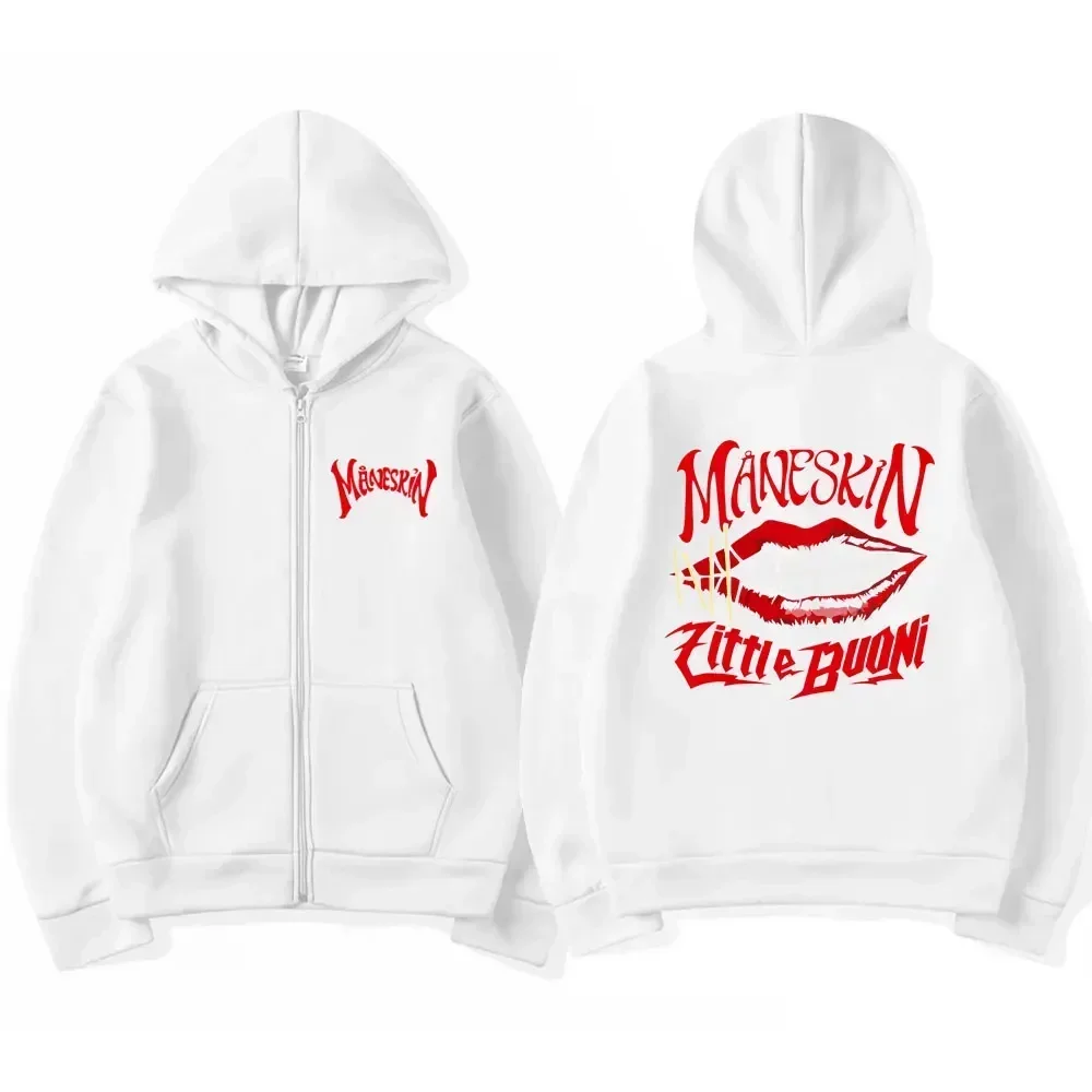 Men and Women\'s Maneskin Mouth Zipper Hoodies, Oversized Casual Cardigan, Zip Up Hoodie, Retro Streetwear Coats, Rock Band