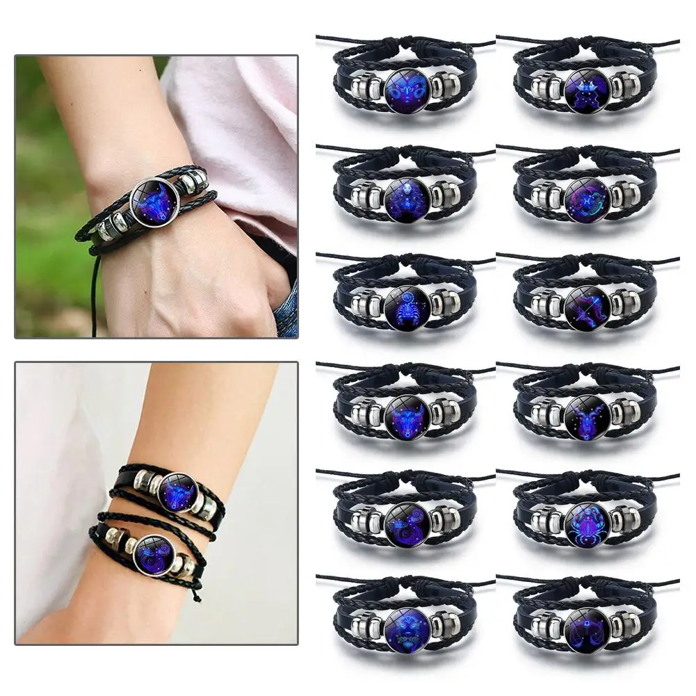 12 Bracelets Punk Braided Leather Buttons Gemstone Bangle 12 Unisex Bracelet Multilayer Jewelry Constellations M9I0