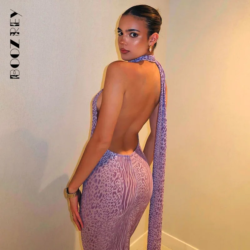 BoozRey Purple Sheer Leopard Print Maxi Dress Women See Through Halter Draped Sleeveless Backless Bodycon Party Long Dresses