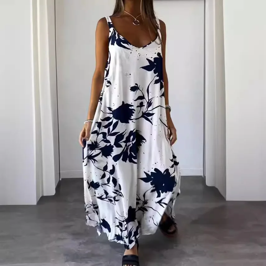 Boho Summer Gradient Splash Print Women's Suspender Dress Long A-Line Casual Dress Women Elegant New Spring Loose Beach Clothes