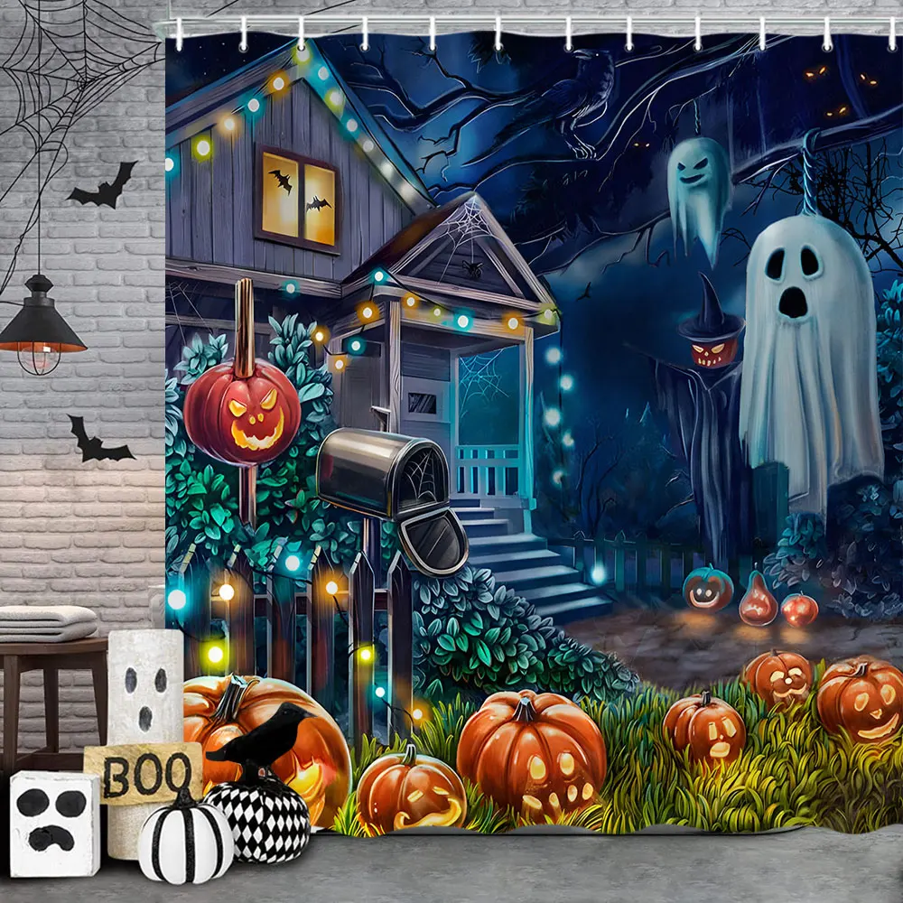 Halloween Shower Curtains Fun Cute Pumpkin Gnome Ghost Witch Spooky Fabric Shower Curtain Decor Halloween Party Favors Supplies