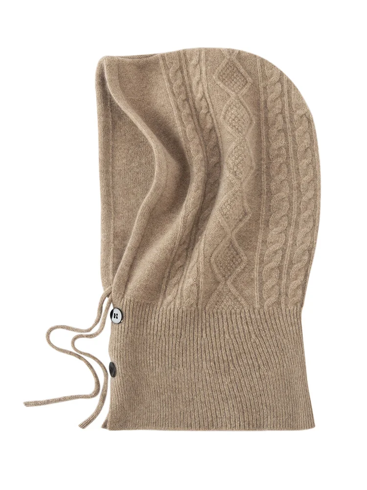 

TLOML Women's 100% Cashmere Hat Drawstring Neck-protecting Integrated Knitted Hat Pullover Caps Casual Cashmere High Quality Hat