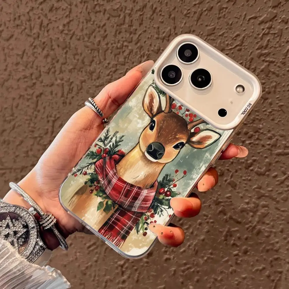 Bonita funda de teléfono con diseño de ciervo navideño adecuada para iPhone 17 16 15 14 13 12 11 Pro/Max/Plus, funda trasera anticaída y antigolpes