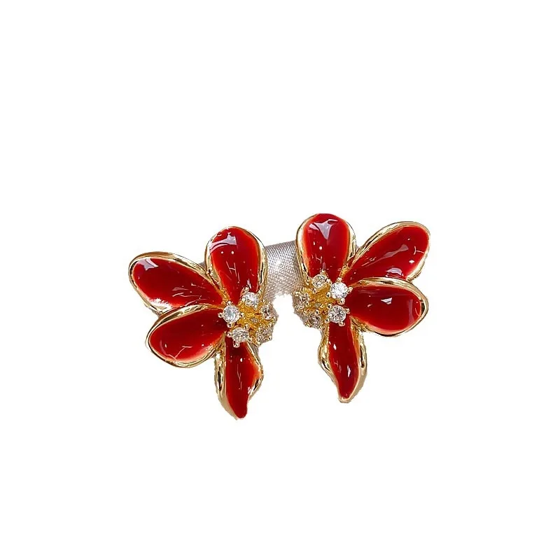 Asymmetric Metal Crystal Dripping Oil Flowers Earrings European American Style Personalized Fashion Stud Earrings Girls Jewelry