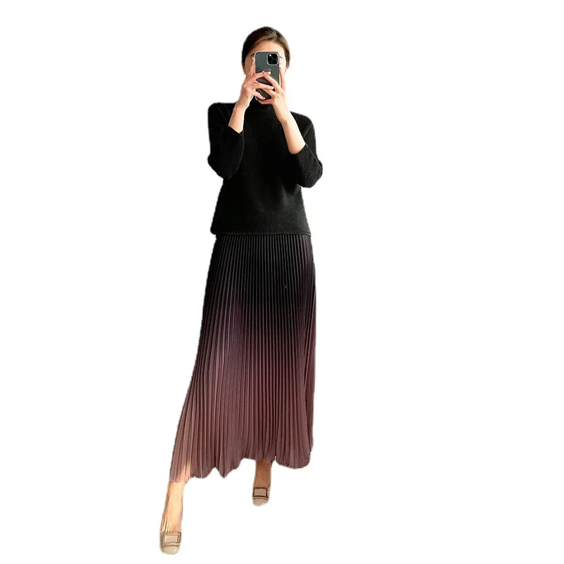 تنورة مياكي للربيع والصيف الجديدة ذات الألوان المتدرجة الراقية للسيدات أنيقة متوسطة الطول بطيات [21bq-c 206103 d]