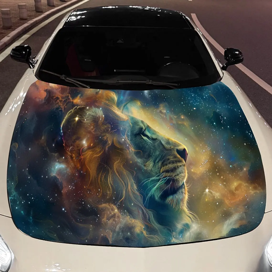 طباعة الأسد المرصعة بالنجوم السماء ، ملصقات غطاء محرك السيارة ، ملصق غطاء السيارة ذاتي اللصق PVC مقاوم للماء ، ملصقات حماية تزيين غطاء السيارة ، AU #1