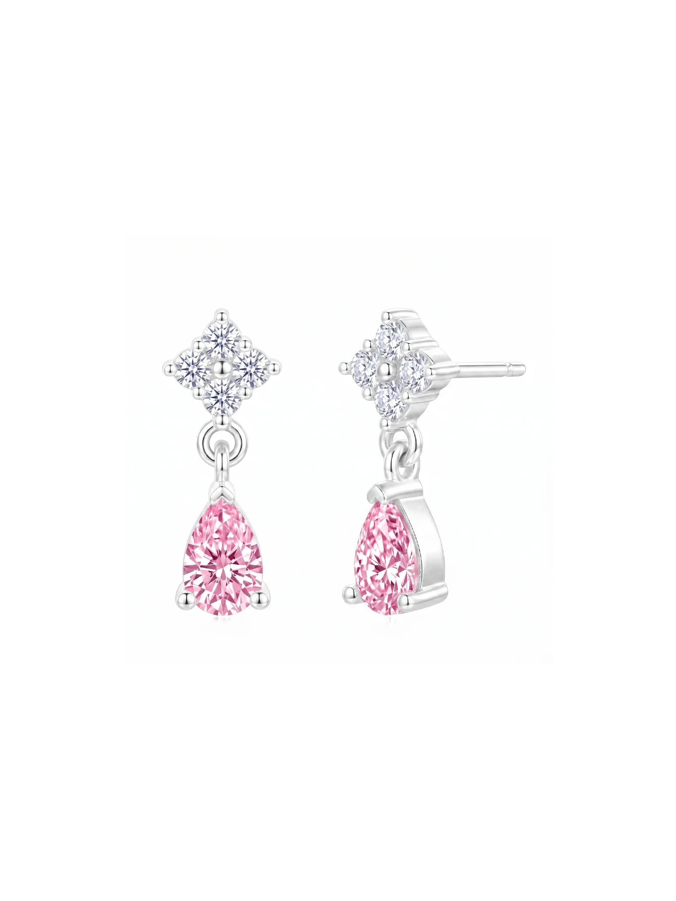 Premium S925 Sterling Silver Lucky Clover Pink Zircon Earrings Pear-Shaped Hypoallergenic Pendant Studs Gift Box Included