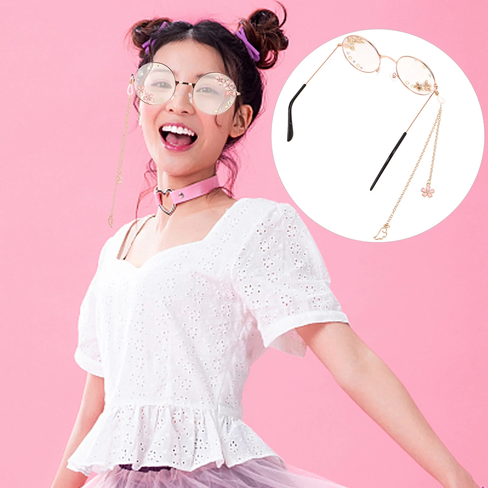 

Bow Round Frame Glasses Sunglasses with Chain Necklace Women Fashion Lolita Miss