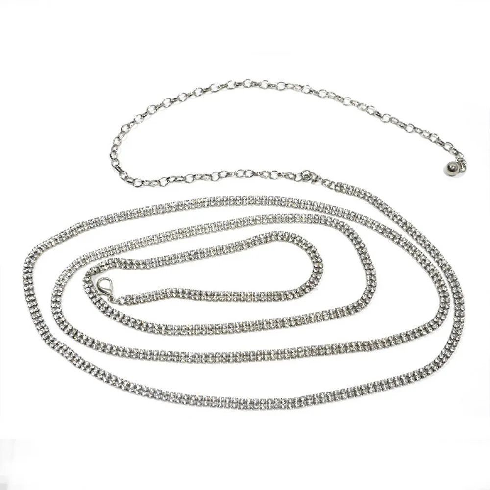 Silver Rhinestone Metal Chain Belt wrap around free