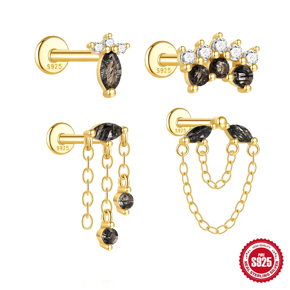 Pendientes ROXI de Plata de Ley 925 con borla de ojo de caballo, pendientes rutilados de cuarzo negro para mujer, joyería Piercing Palta de oro de 18K con turmalina