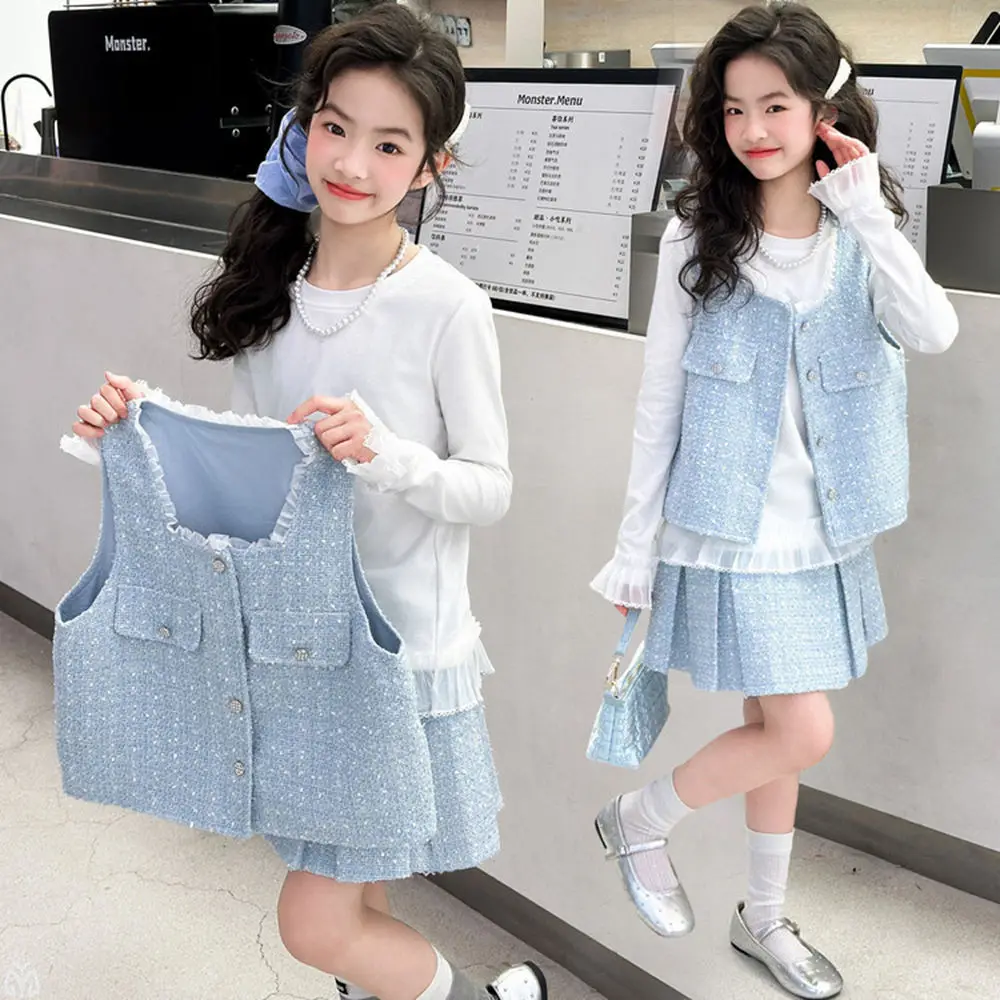 Spring Chic Teen Girls 2/3pcs Skirt Suit Vest White Lotus Leaf Sleeve T-shirt Set Junior Kids Clothing Outfits 4-14 Years Old