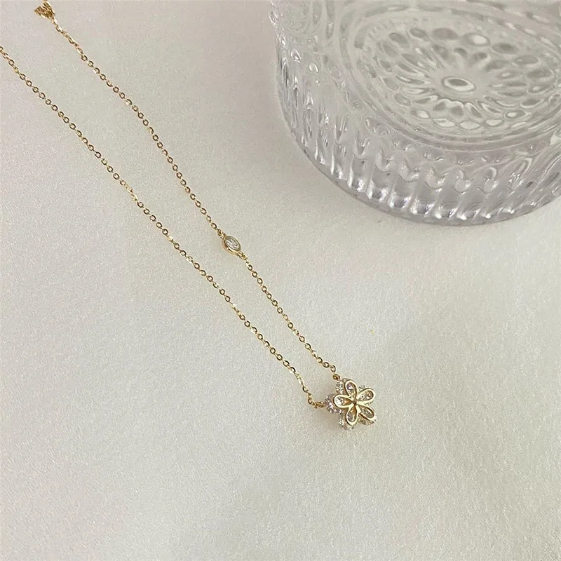 ENSHIR kalung liontin bunga zirkon berkilau untuk wanita rantai tulang selangka perhiasan halus pesta pernikahan grosir