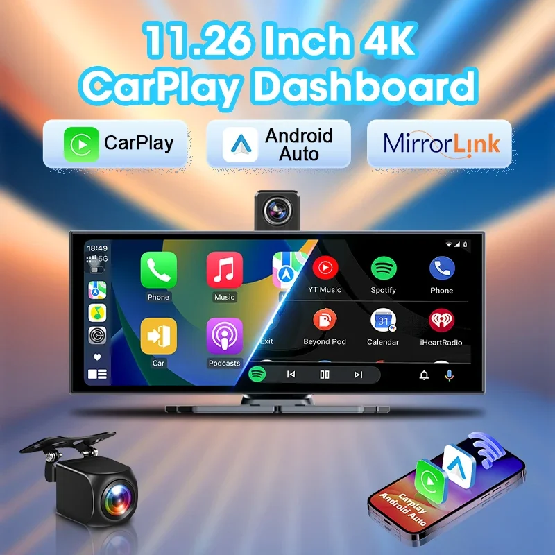Srnubi 11.26 "Carplay جهاز تسجيل فيديو رقمي للسيارات 4K + 1080P داش كام 2160P تدوير عدسة أمامية مسجل أندرويد السيارات مرآة ربط Ai صوت #2