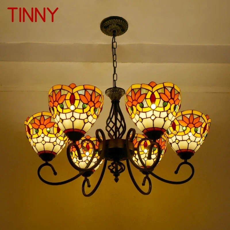 

TINNY Tiffany Европейская подвесная лампа для гостиной, винтажная креативная цветная стеклянная люстра для ресторана, спальни, отеля