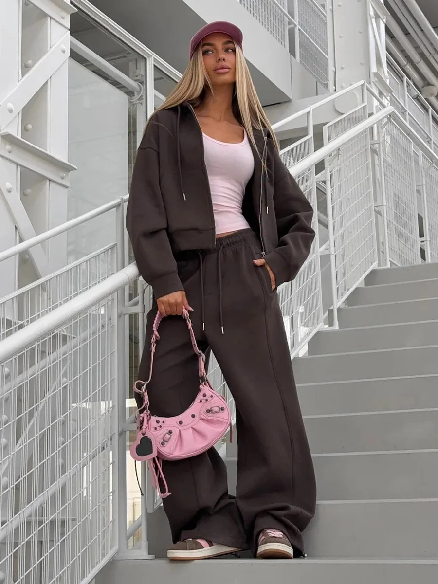 Blubelle Jesień Zima Nowy Zestaw: Rozpinany Sweter z Zamkiem, Bluza, Długie Spodnie, Damski Zestaw Bluza i Spodnie z Szerokimi Nogawkami, Zestaw Bluza z Kapturem