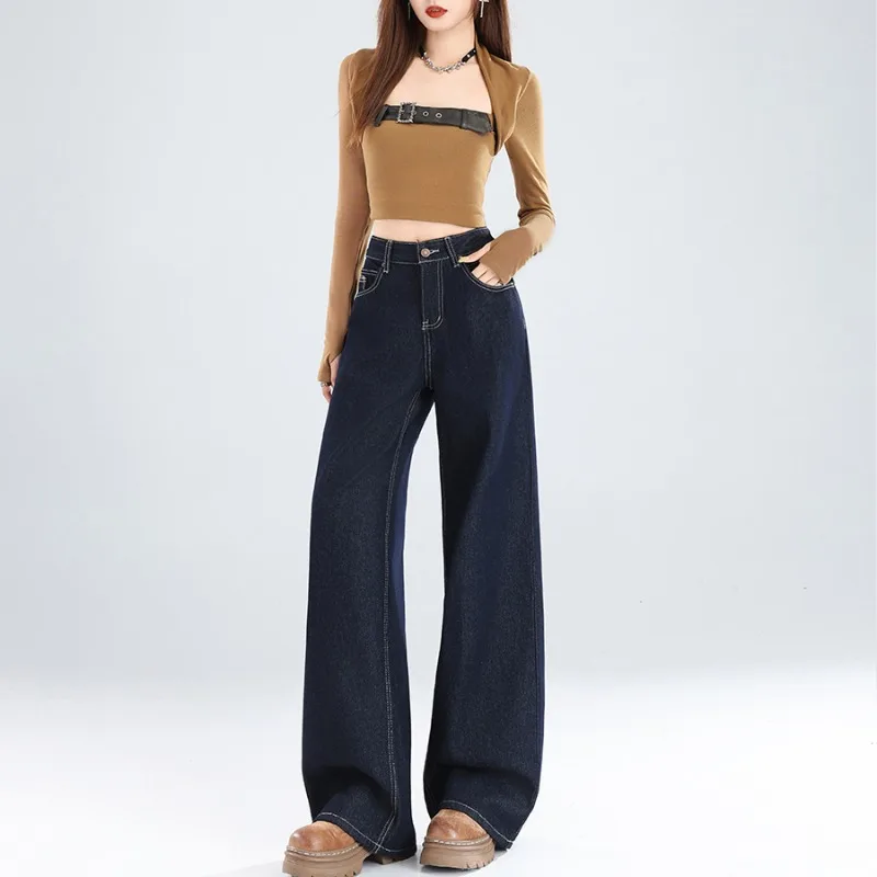 OIQERE Women 2026 Autumn American Dark Blue Wide Leg Jeans High Waist Slim Loose Stylish Straight Denim Long Trousers 3