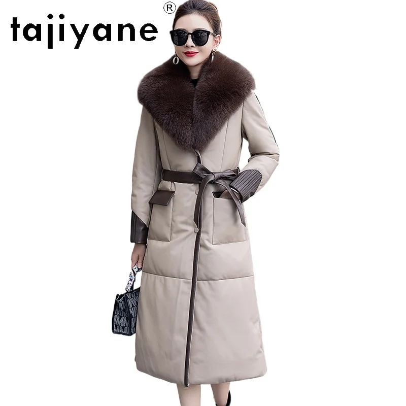 TAJIYANE 100% Real Sheepskin White Goose Down Coat Woman Long Genuine Leather Puffer Jacket with Fox Collar 2025 Winter Clothes