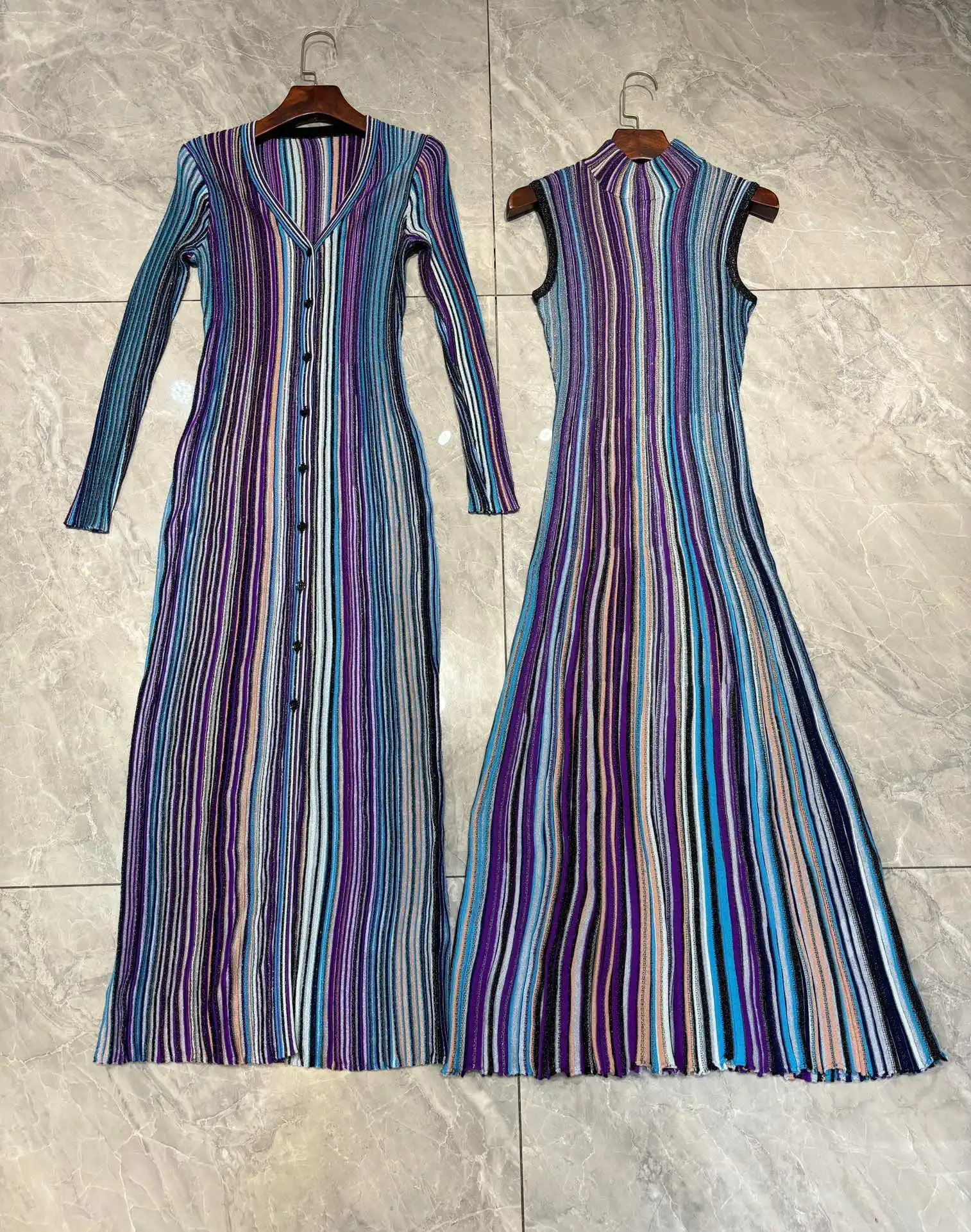 10.10 Vintage Colorful Vertical Striped Bright Silk Knit Dress 2024 Women's New Fashion High Waist Slim Sleeveless Long Dress