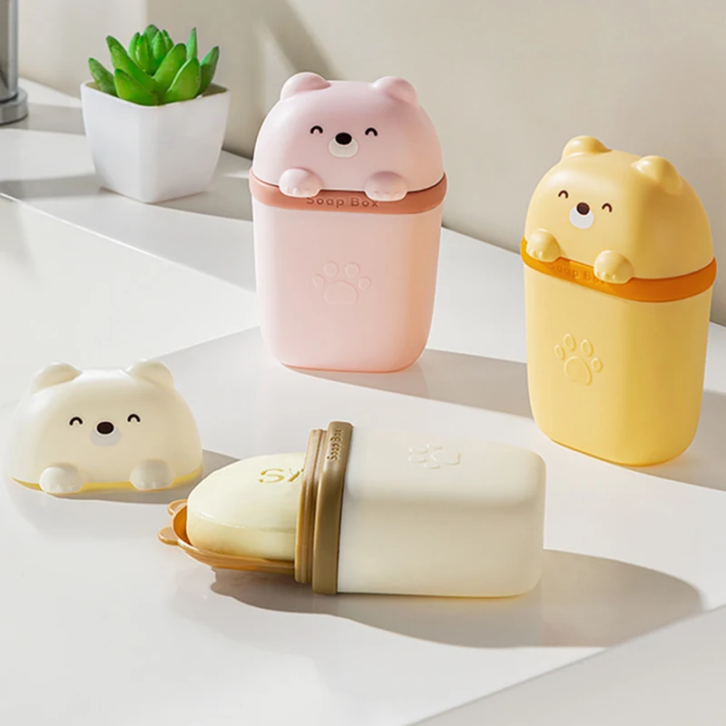 

Cartoon Bear Portable Soap Dish Travel Bathroom Soap Holder Dish Sealed Storage Box Waterproof Home Bathroom Accessories