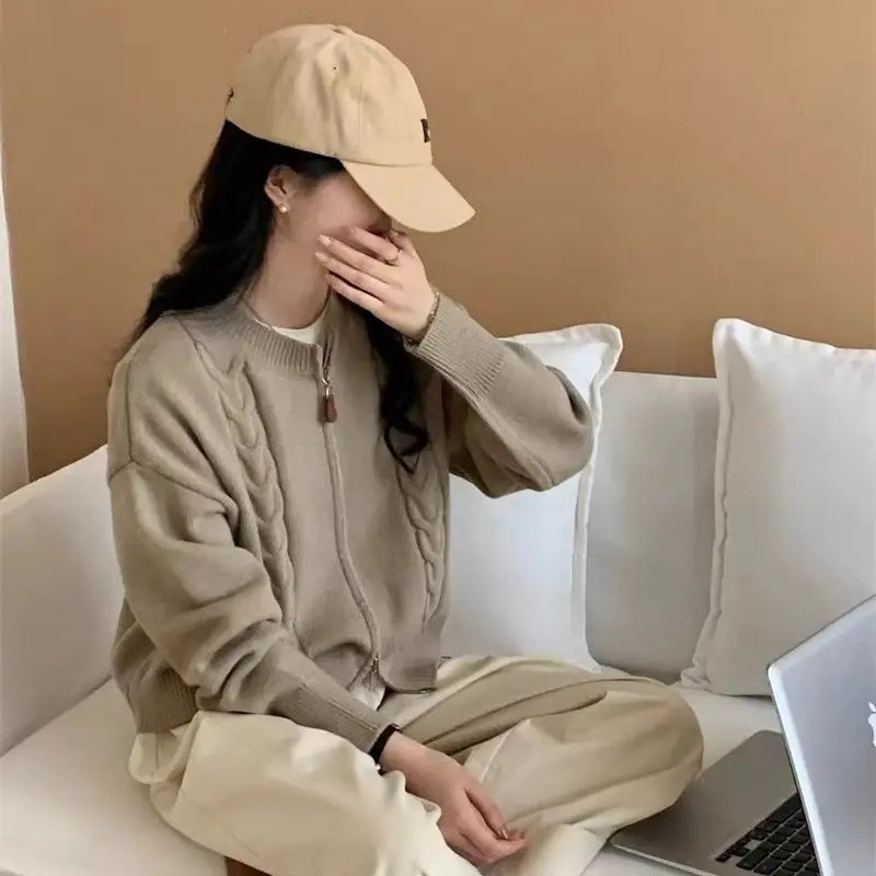 เสื้อโค้ทไหมพรมทรงสวีตเตอร์แบบเกาหลีเรียบง่าย ซิปแบบเส้นต่อเส้น ลายเกลียวขนมทอด สำหรับผู้หญิง ดีไซน์ใหม่ล่าสุดสำหรับฤดูใบไม้ร่วงและฤดูหนาว เสื้อถักอเนกประสงค์