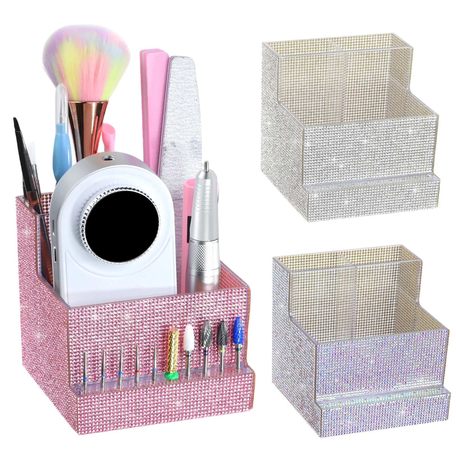 1pcs AB/Transparent/Pink Rhinestone Nail Storage Box, Multifunctional Acrylic Organizer Boxes  Large-Capacity Manicure Tools