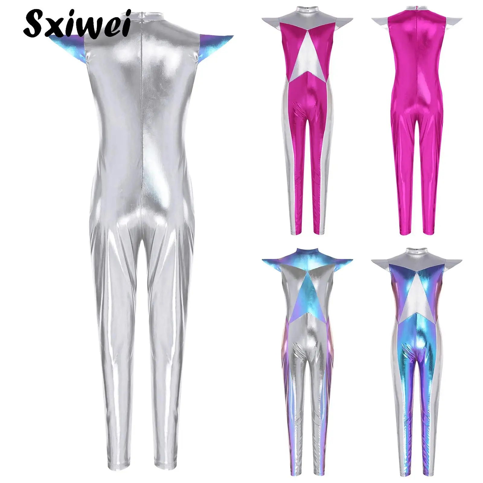 

Girls Boys Alien Outerspace Cosplay Costume Halloween Shiny Metallic Full Body Suit Future World Space Astronaut Robot Jumpsuit