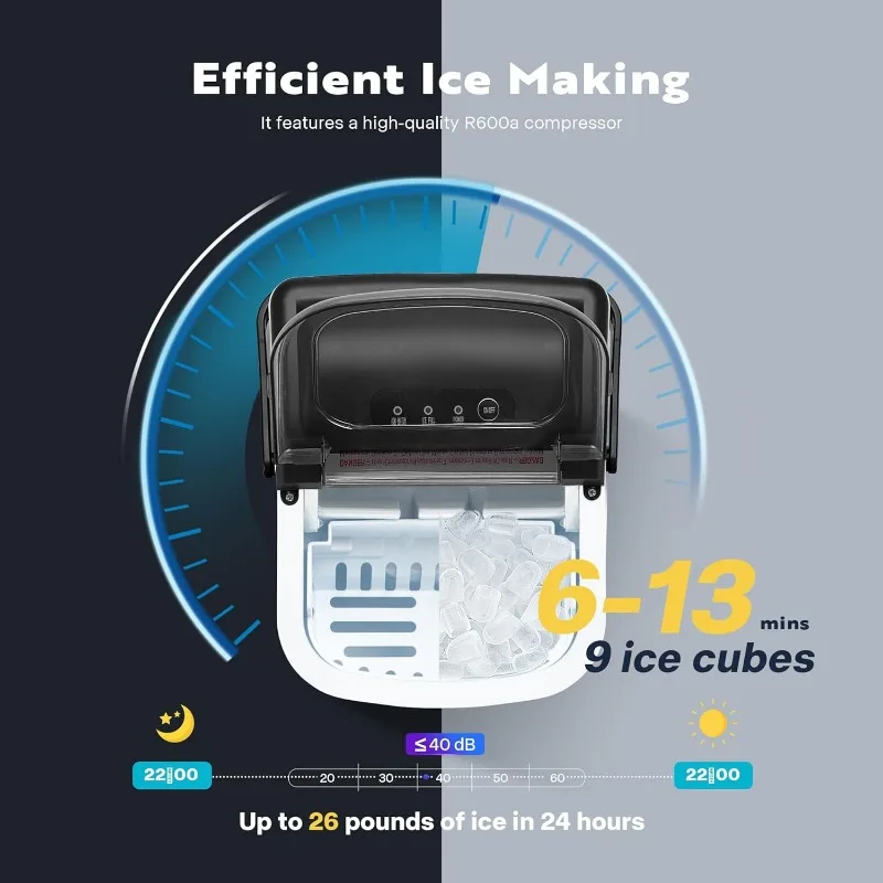 Machine à glaçons portable avec seau et poignée, machine à glaçons, 26 artériels par jour, 9 glaçons en 6 minutes, 10 sacs et livres personnels