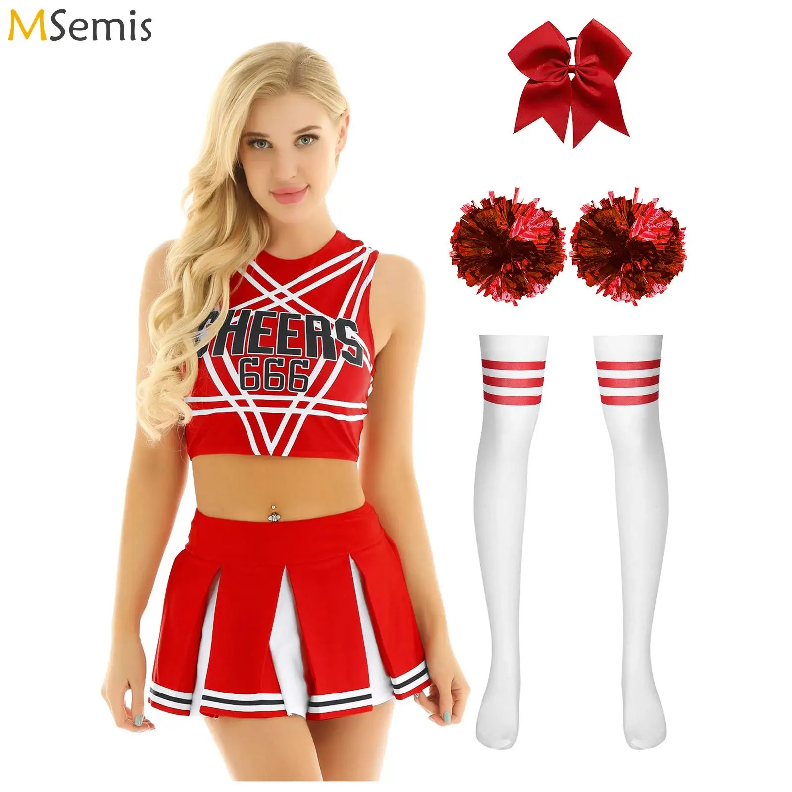 

Женский костюм болельщика, униформа черлидинга, укороченный топ с буквенным принтом, плиссированная юбка, носки, комплект с цветочными шариками, танцевальная одежда для Cheer