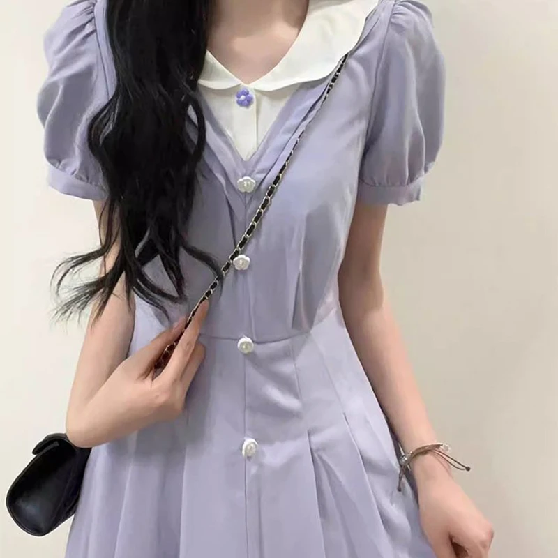 

Purple dress female summer new college style French gentle short-sleeved doll collar fake two waist fairy skirt sweet long skirt