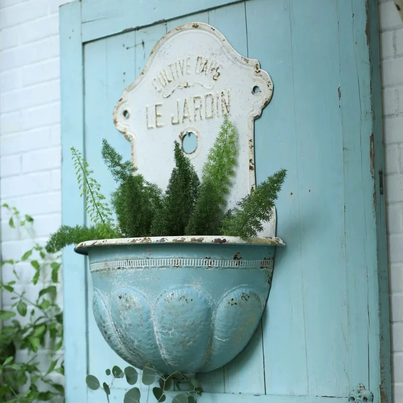 Vintage French Garden Wall Planter, Le Jardin Metal Hanging Flower Pot, Distressed Blue, 18x9x28 inches