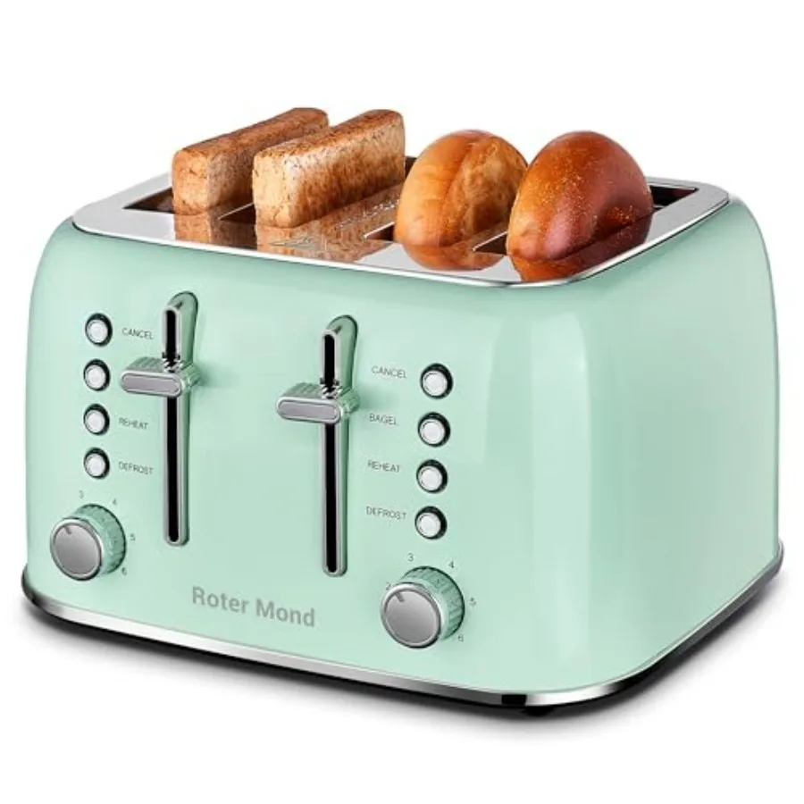 

4-Slice Retro Stainless Steel Toaster with Extra Wide Slots Bagel Defrost Reheat Function Dual Independent Control Panel Remova