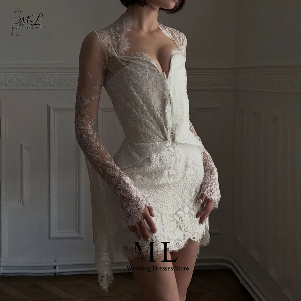 ML Romantic All-Over Lace Mini Dress with Long Flare Sleeves Deep V-neck Peplum Short Prom Evening Party Gowns Customized