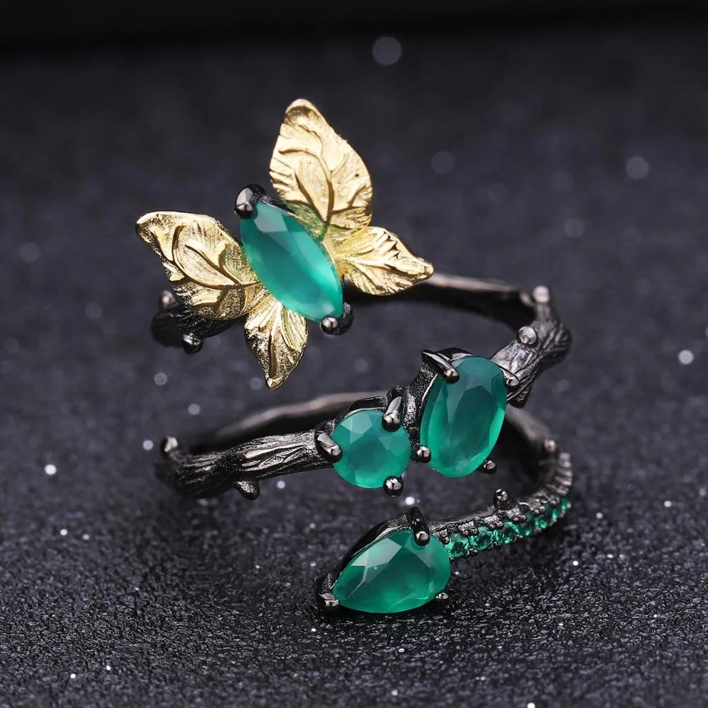 Handmade Natural Green Agate Gemstone 925 Silver  Butterfly Bird Women Ring