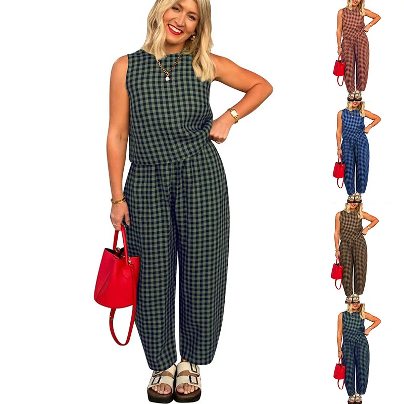 

EuroAmericanWomen Set HighQuality Plaid Oversized Set Sleeveless Breathable Comfortable Set ExtraWide Leg Trousers Outfit